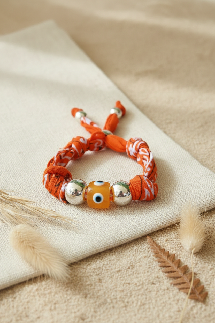 Vue détaillée du bracelet Tissia posé sur un support clair. On distingue le tissu mandarine tressé, les grosses perles argentées et la perle centrale "œil protecteur" en verre jaune et noir. Joyas by jo