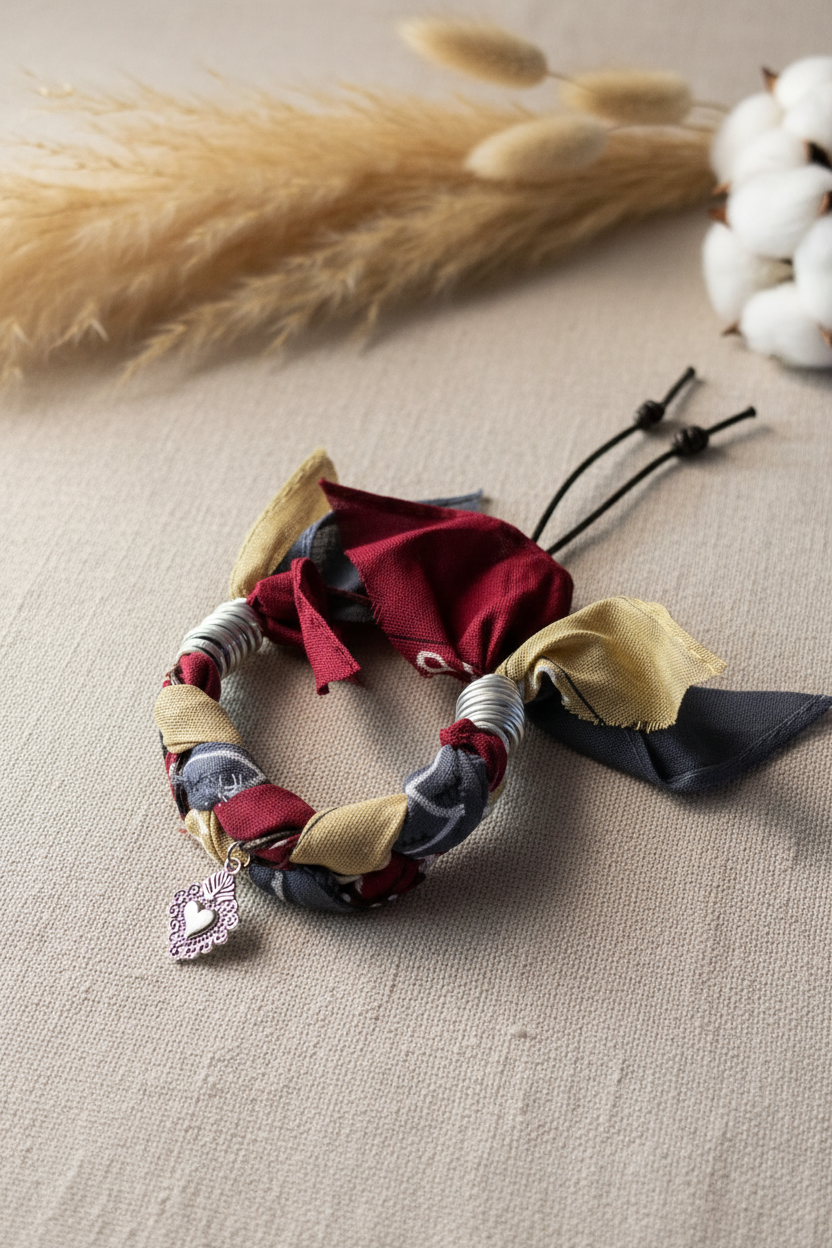 Bracelet artisanal Joyas by Jo en tissu tressé rouge, jaune et gris avec pendentif cœur sacré en argent, posé sur un fond lin avec fleurs de coton.