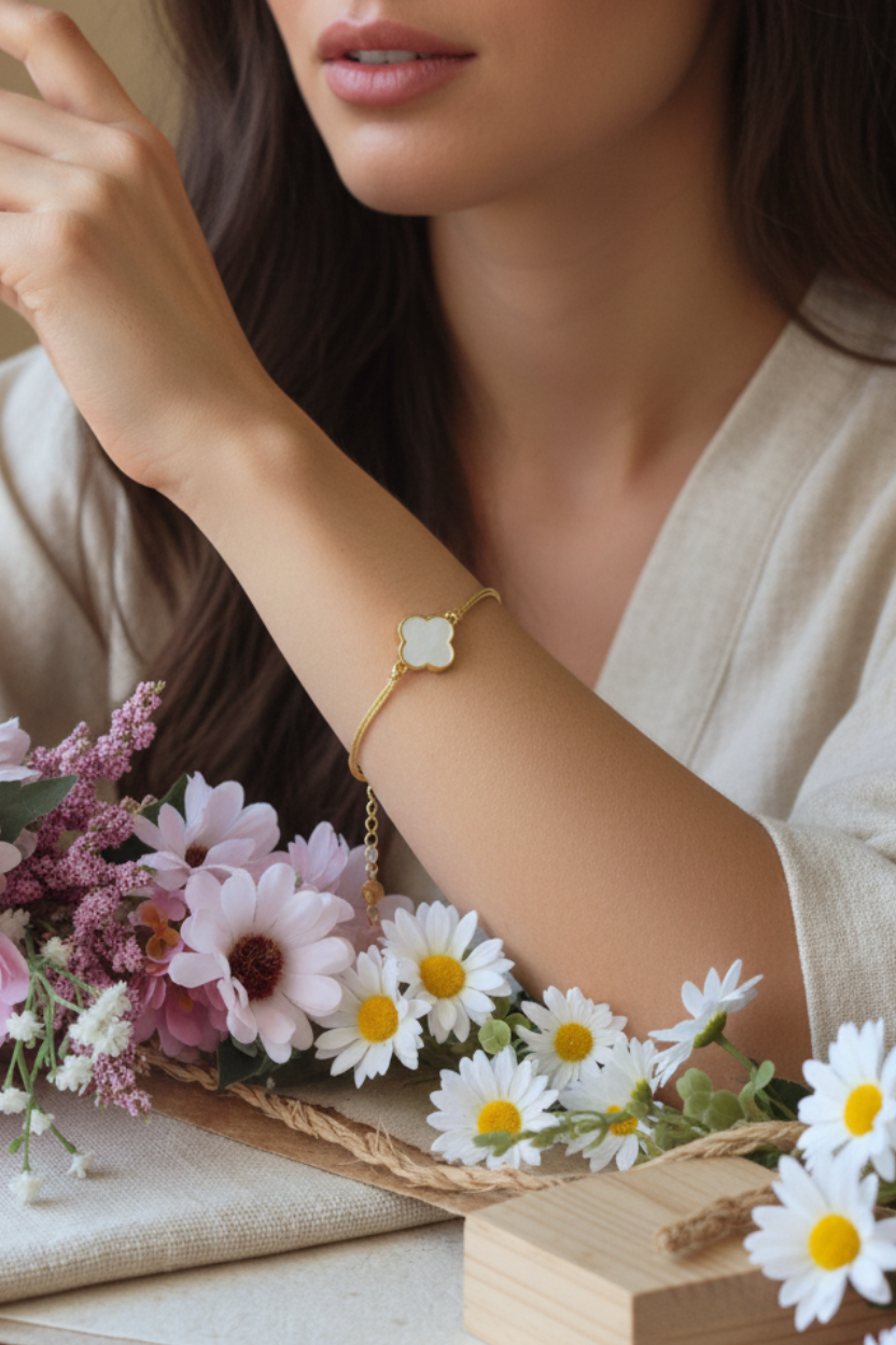 Bracelet en fil doré résistant avec trèfle en nacre blanche porté au poignet, bijou délicat et lumineux.
