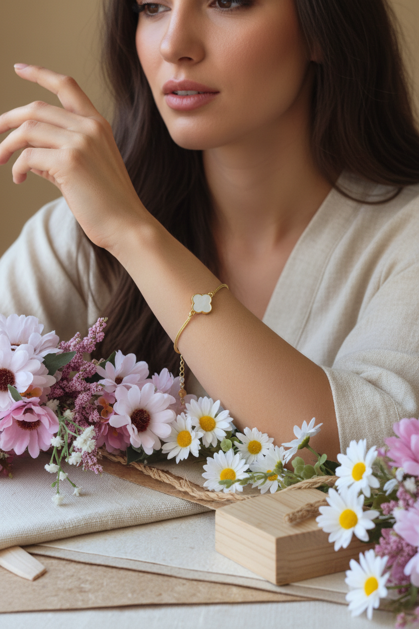 Gros plan d'un poignet de femme portant un bracelet fin en fil doré et trèfle nacré, style bohème chic.