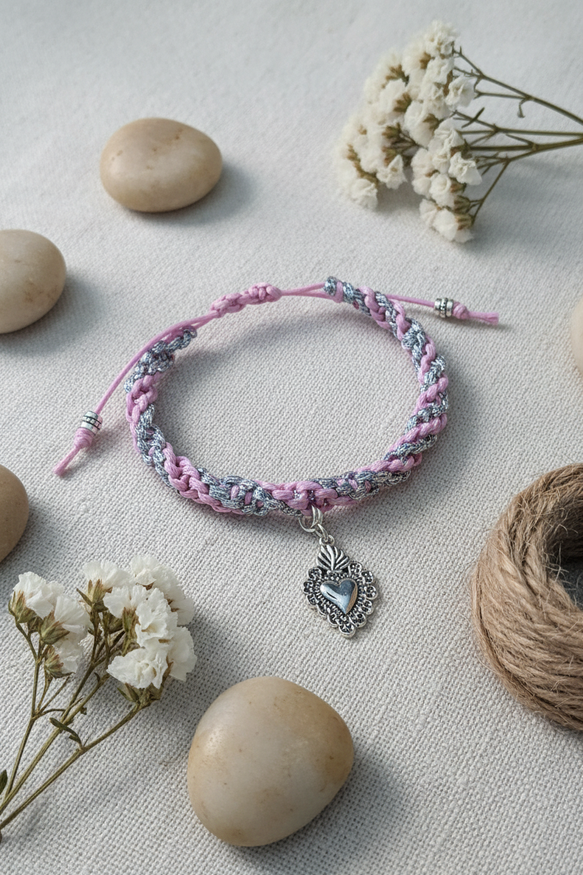 Bracelet Joyas by Jo en cordon tressé rose et argent avec pendentif coeur sacré ex-voto, présenté sur un fond épuré avec fleurs blanches et galets.