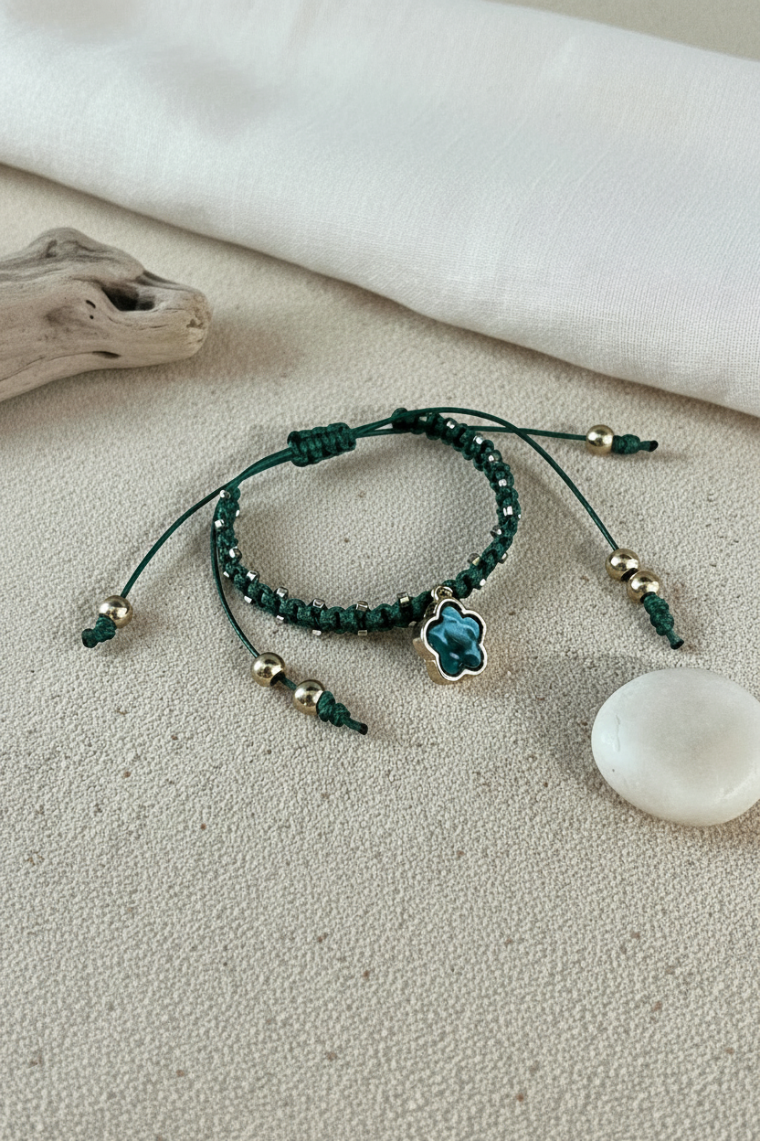 Bracelet artisanal Joyas by Jo en cordon tressé vert avec breloque fleur trèfle et perles dorées sur fond naturel.