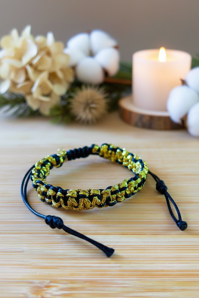 Bracelet tressé artisanal noir et or exposé dans une ambiance chaleureuse avec une bougie allumée et des fleurs de coton, Joyas by Jo.