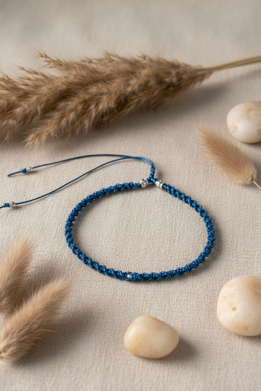 Bracelet en fil tressé bleu foncé avec détails en argent posé sur un tissu en lin entouré de pampas et de galets Joyas by Jo.