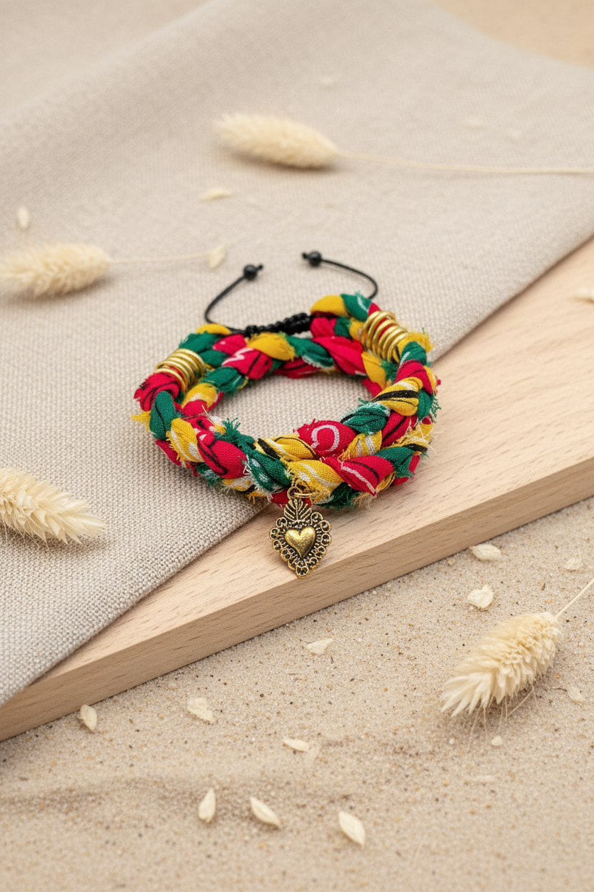 Solaire"tressé avec des fils colorés rouge, jaune et vert, doté d'un cordon noir ajustable et d'un petit pendentif cœur doré, présenté sur un support minimaliste. Joyas by jo 