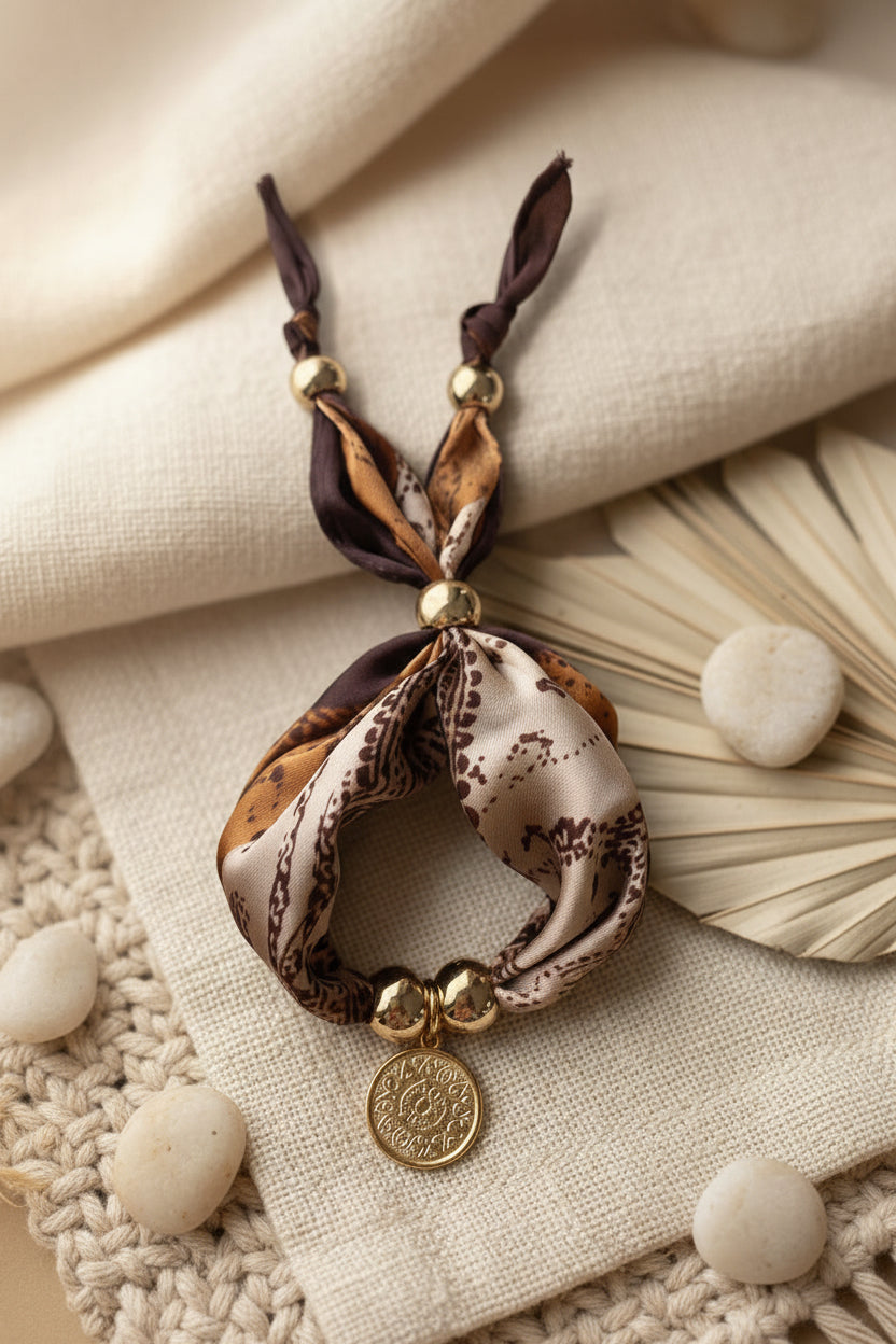 Zoom sur un bracelet multi-rangs avec une médaille dorée ciselée présenté verticalement sur un textile naturel.