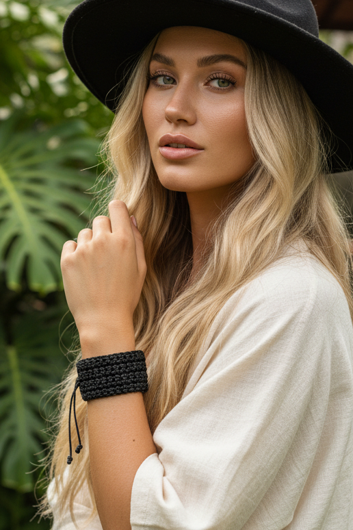 Bracelet noir tressé avec fermoir argenté porté au poignet.