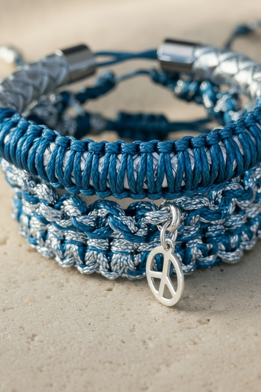 Gros plan sur un ensemble de bracelets artisanaux bleus et argentés avec un pendentif symbole de paix en argent, posés sur du sable.