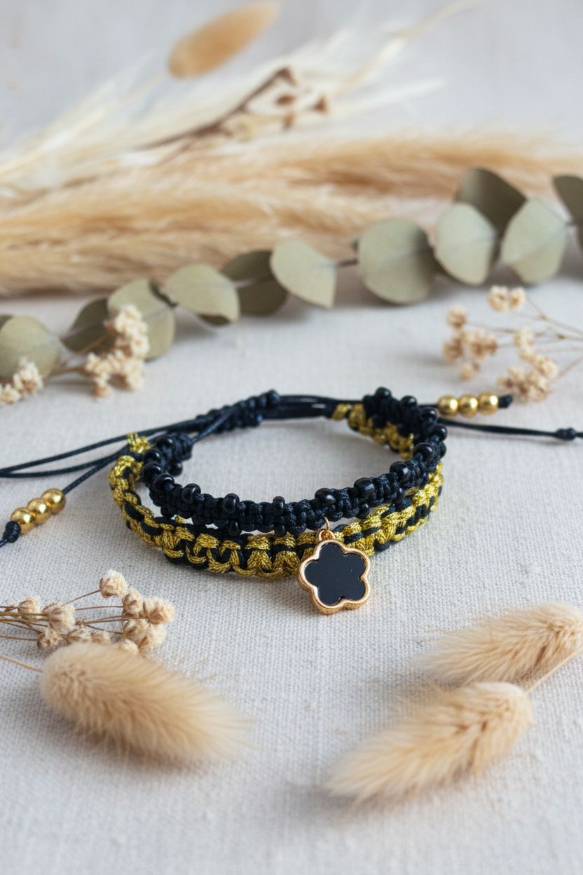 Duo de bracelets tressés Joyas by Jo en noir et or avec breloque fleur posés sur un lin clair.
