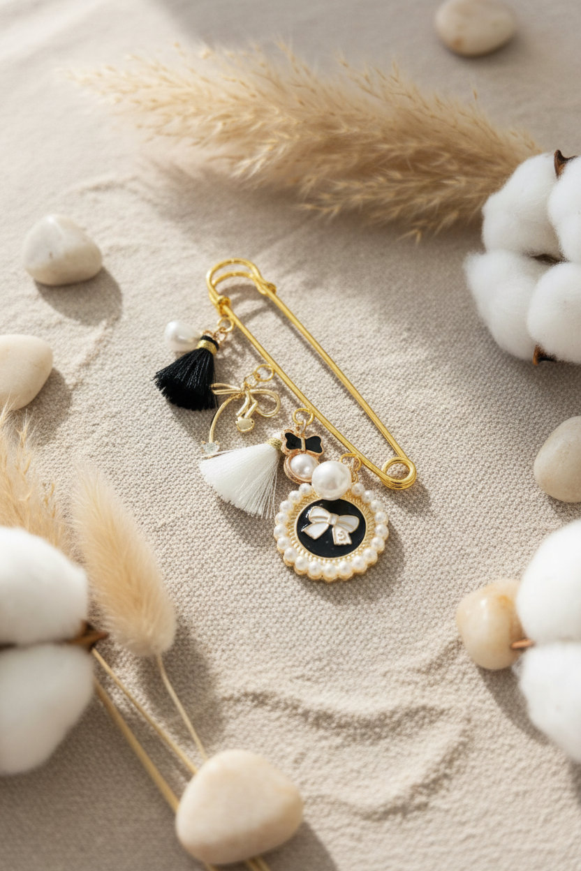 Broche de sécurité dorée artisanale Joyas by Jo ornée de pampilles élégantes : pompons noir et blanc, perles nacrées et médaillon nœud vintage sur un fond de sable texturé.