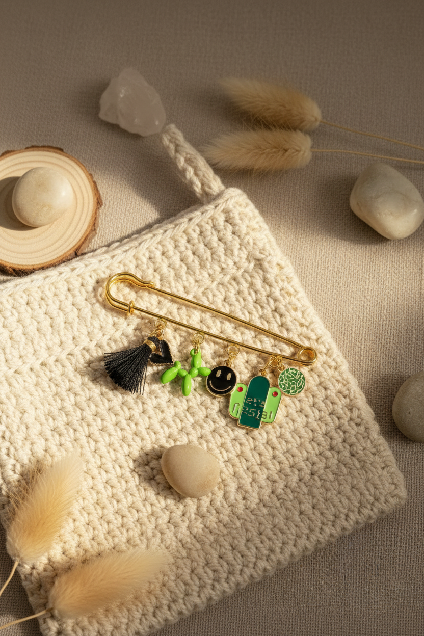Épingle de sûreté dorée de style broche ornée de plusieurs breloques : un pompon noir, un cœur, un chien de baudruche vert, un smiley noir et un cactus vert. L'objet est disposé sur un tissu beige texturé, entouré de pierres naturelles, de cristaux de quartz et de fleurs séchées.