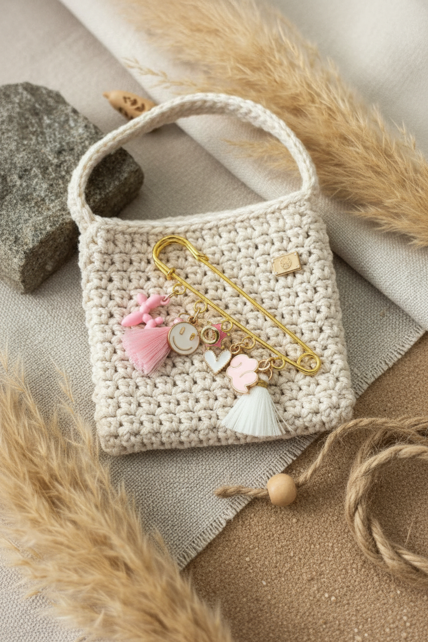 Broche épingle dorée avec charms fantaisie. Mise en scène esthétique "flat lay" avec éléments naturels et minéraux, tons neutres et sable.