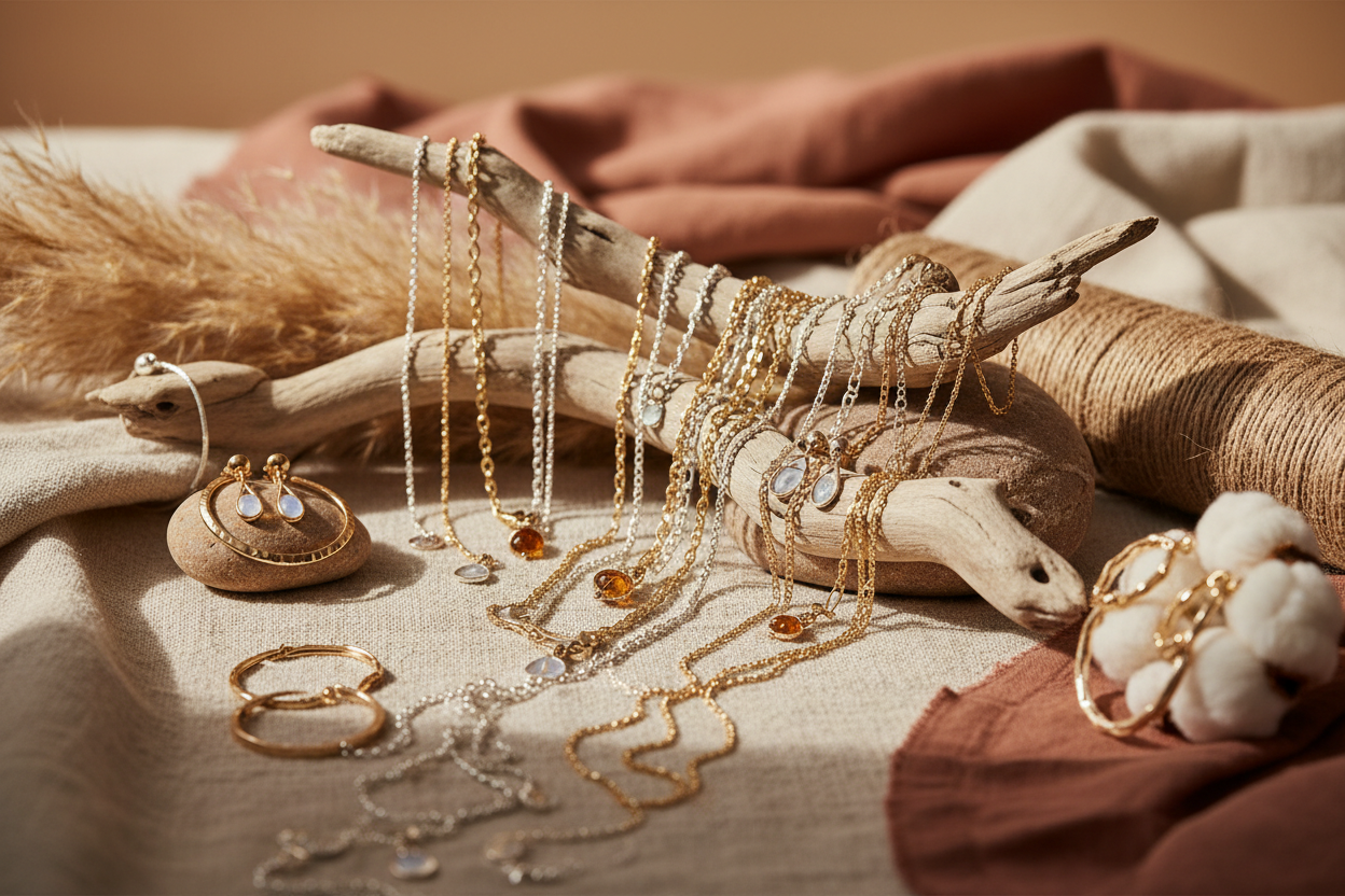 cascade de bijoux sur décor naturel neutre et bohème