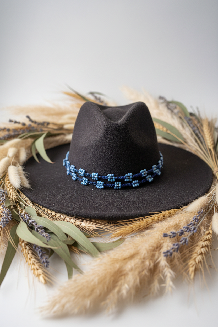 Femme portant un chapeau Fedora noir orné d'un ruban de perles bleues Joyas by Jo dans une ville colorée.