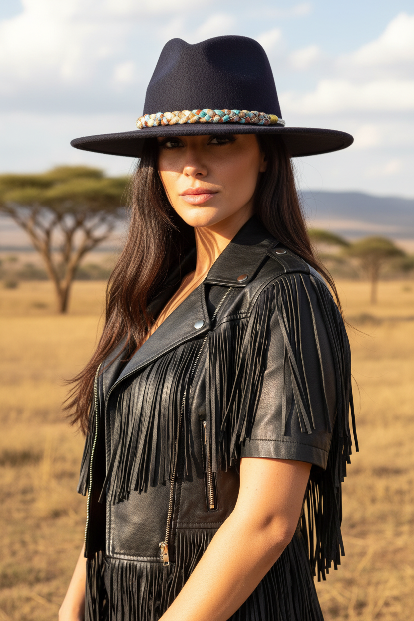 Gros plan sur une tenue de style bohème-chic composée d'un chapeau à large bord et d'un blouson en cuir à franges. La lumière dorée souligne les détails de la veste et le décor naturel de type safari en arrière-plan.
