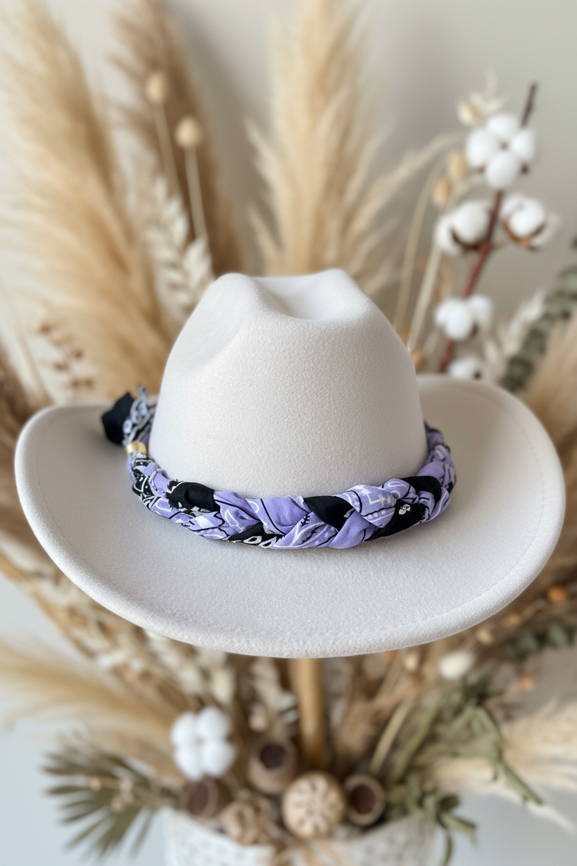 Gros plan d'un chapeau de cow-girl en feutre blanc cassé avec un bandeau tressé violet et noir.