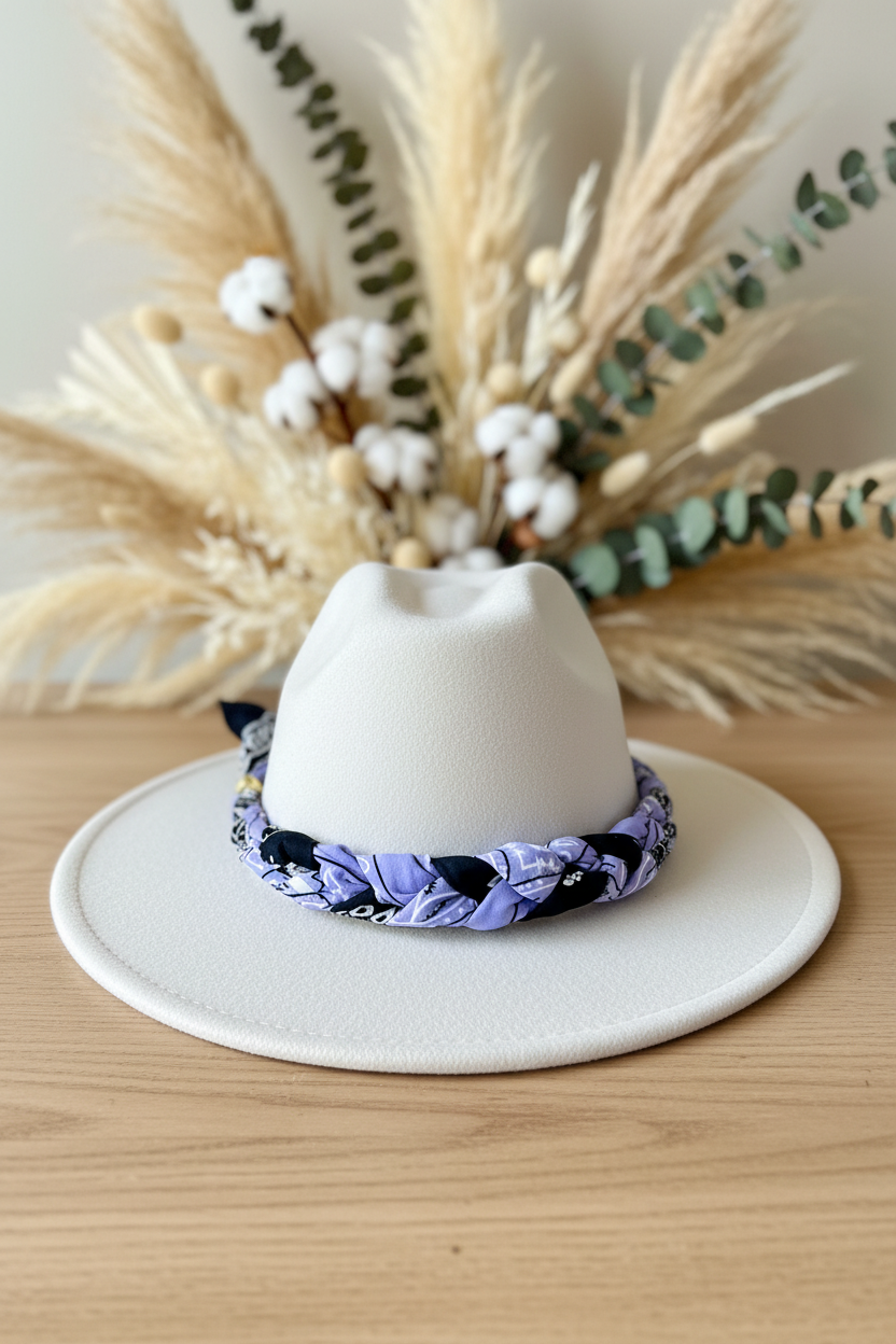 Chapeau western blanc posé sur une table en bois devant un bouquet de fleurs séchées et coton.