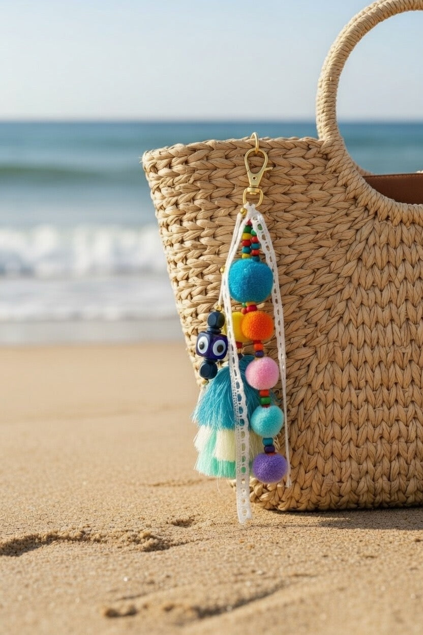 Charm sac bohème-luxe Joyas by Jo - Accessoire artisanal pompons colorés et pompon soyeux bleu avec perle protectrice
