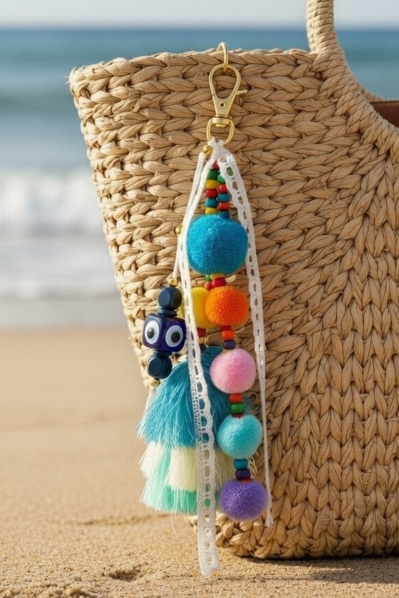 Bijou de sac bohème avec pompons multicolores et œil protecteur bleu