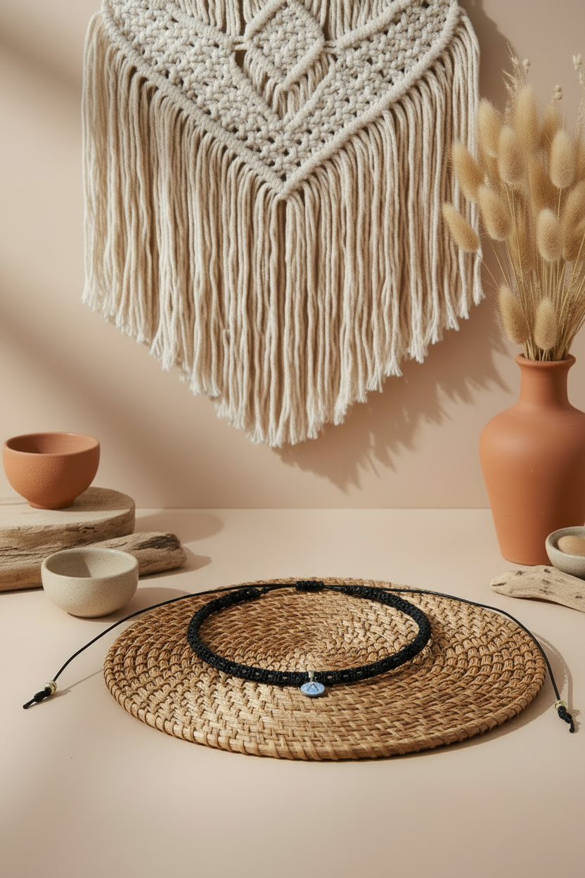 Choker noir sur chapeau osier lifestyle bohème - collier Joyas by Jo
