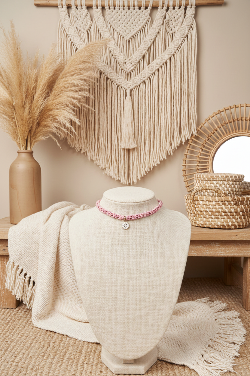 Choker rose double collier avec perle sur buste - bijou bohème Joyas by Jo

