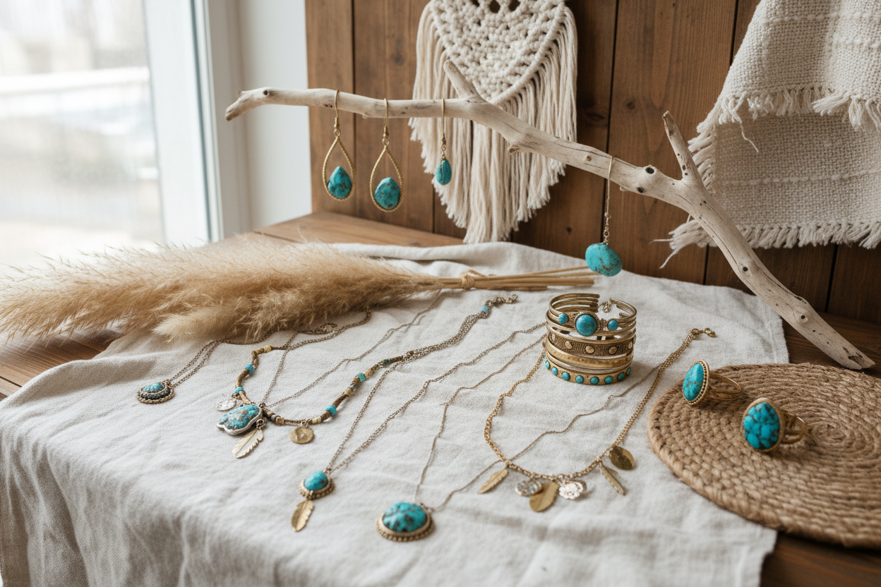 collection de bijoux bohèmes dans un décors neutre crème et bohème