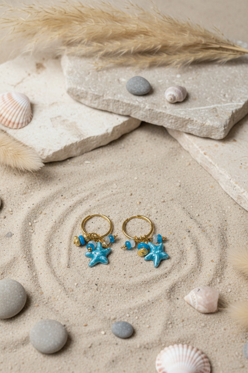  Alt-Text : Composition estivale présentant les boucles d'oreilles Joyas by Jo entourées de coquillages, de galets et de fleurs séchées sur du sable.