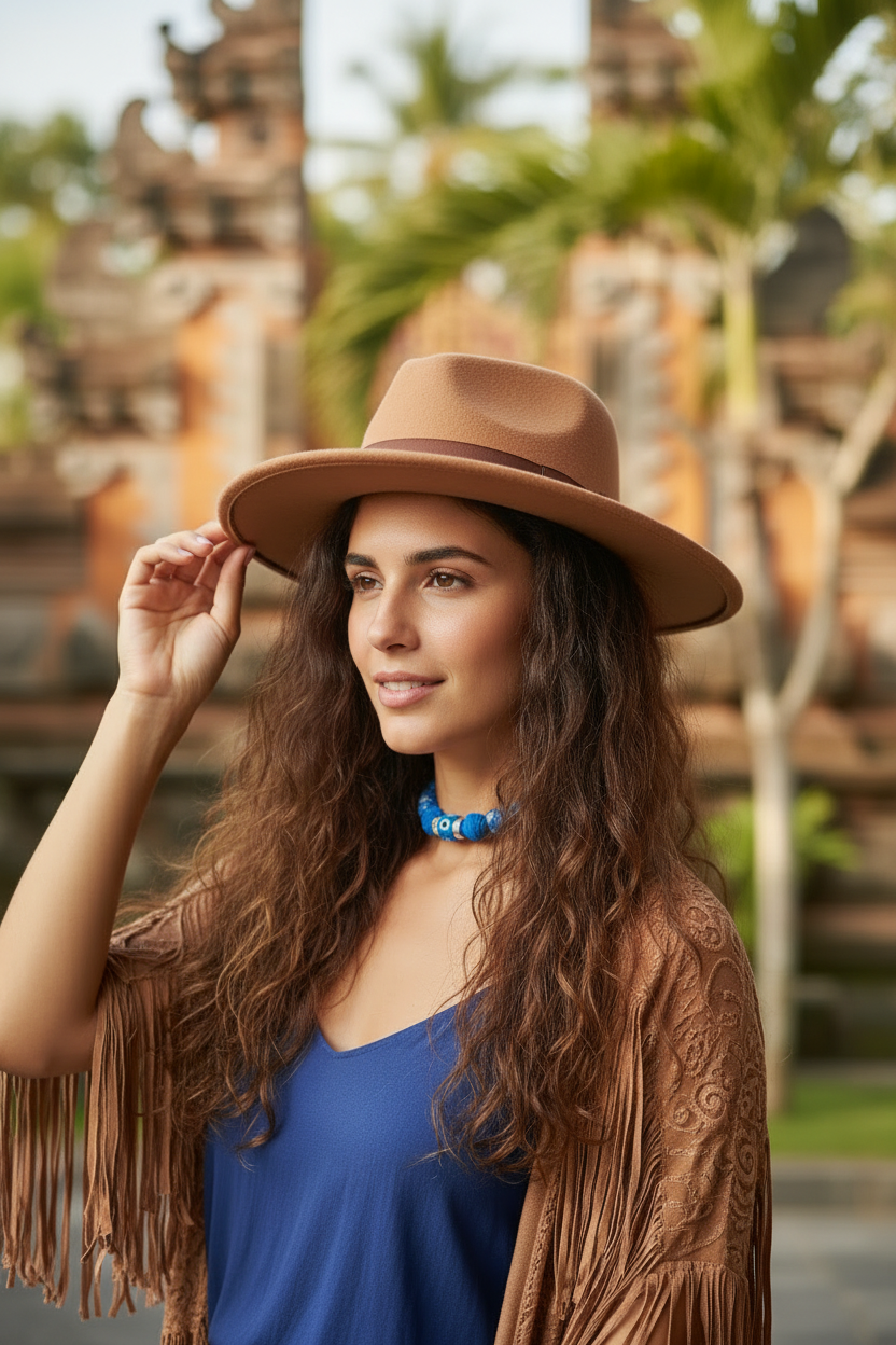 Joyas by joJoyas by Jo -Portrait d'une femme portant le collier Antonia "Azur Éternel". Elle porte un chapeau marron et une tenue bohème, mettant en valeur le bleu éclatant du collier sous une lumière naturelle.