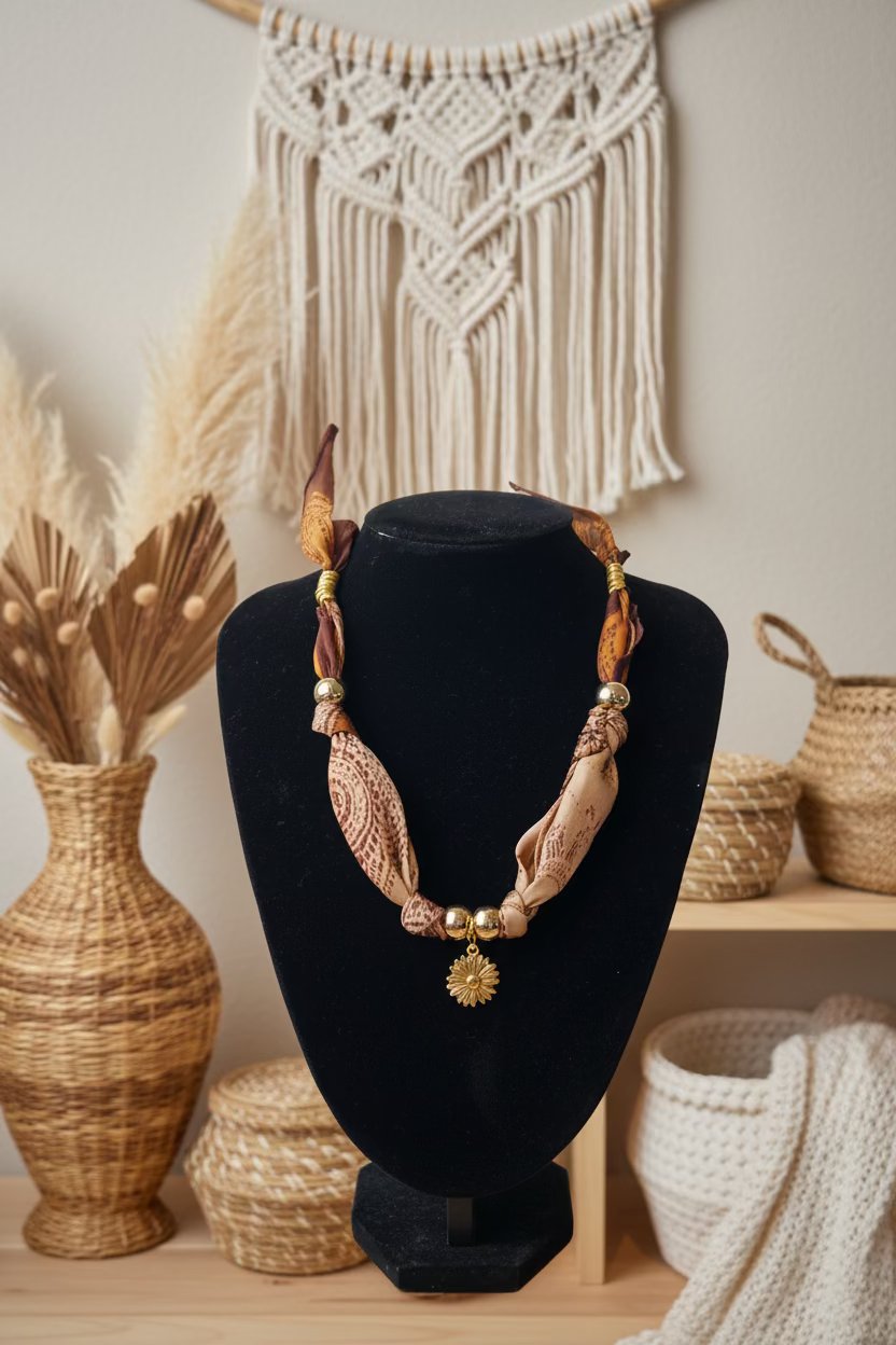 Zoom sur le tombé d'un collier artisanal porté avec une tenue élégante et un chapeau noir.