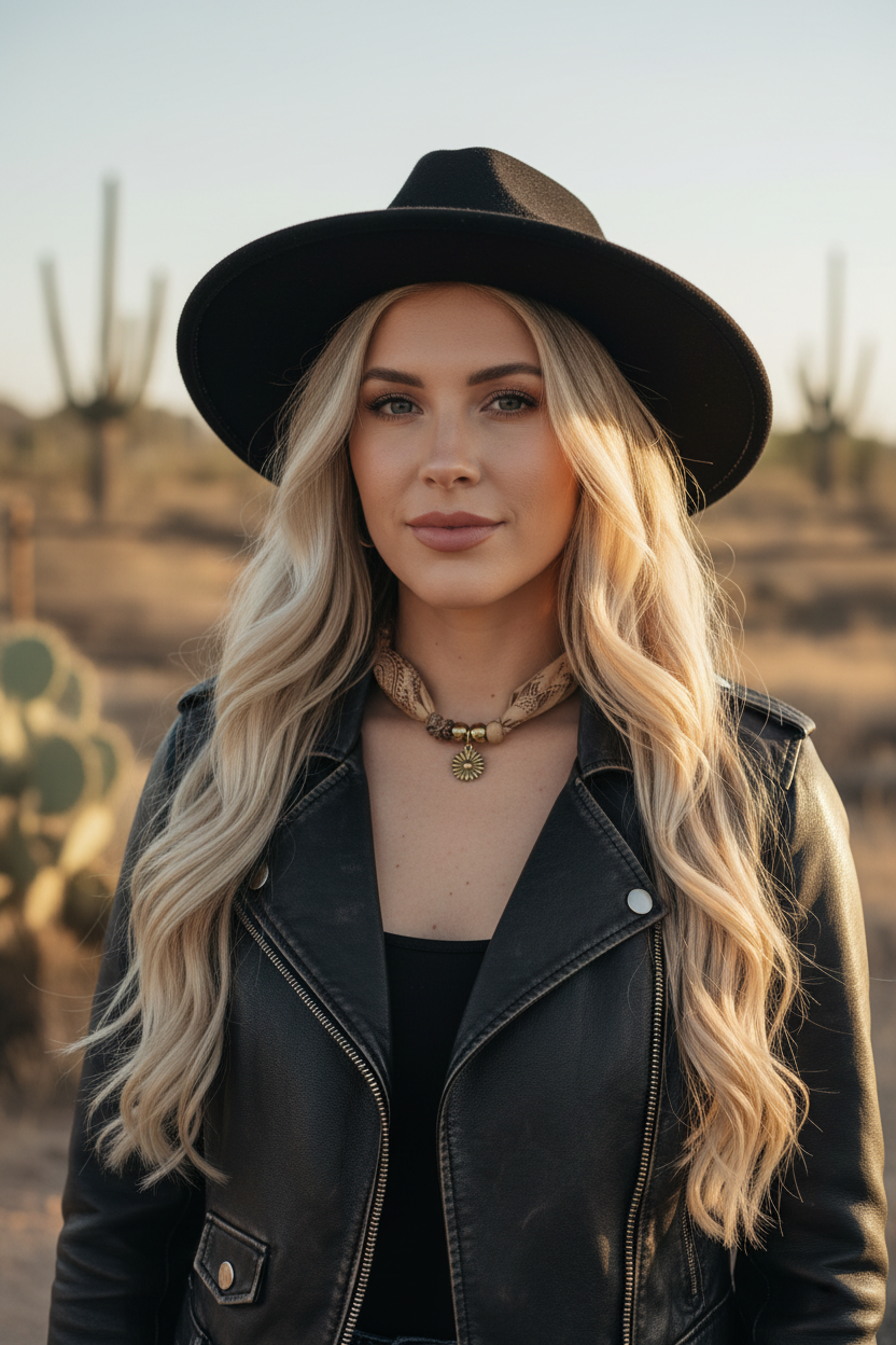 Zoom sur le tombé d'un collier artisanal porté avec une tenue élégante et un chapeau noir Joyas by Jo 