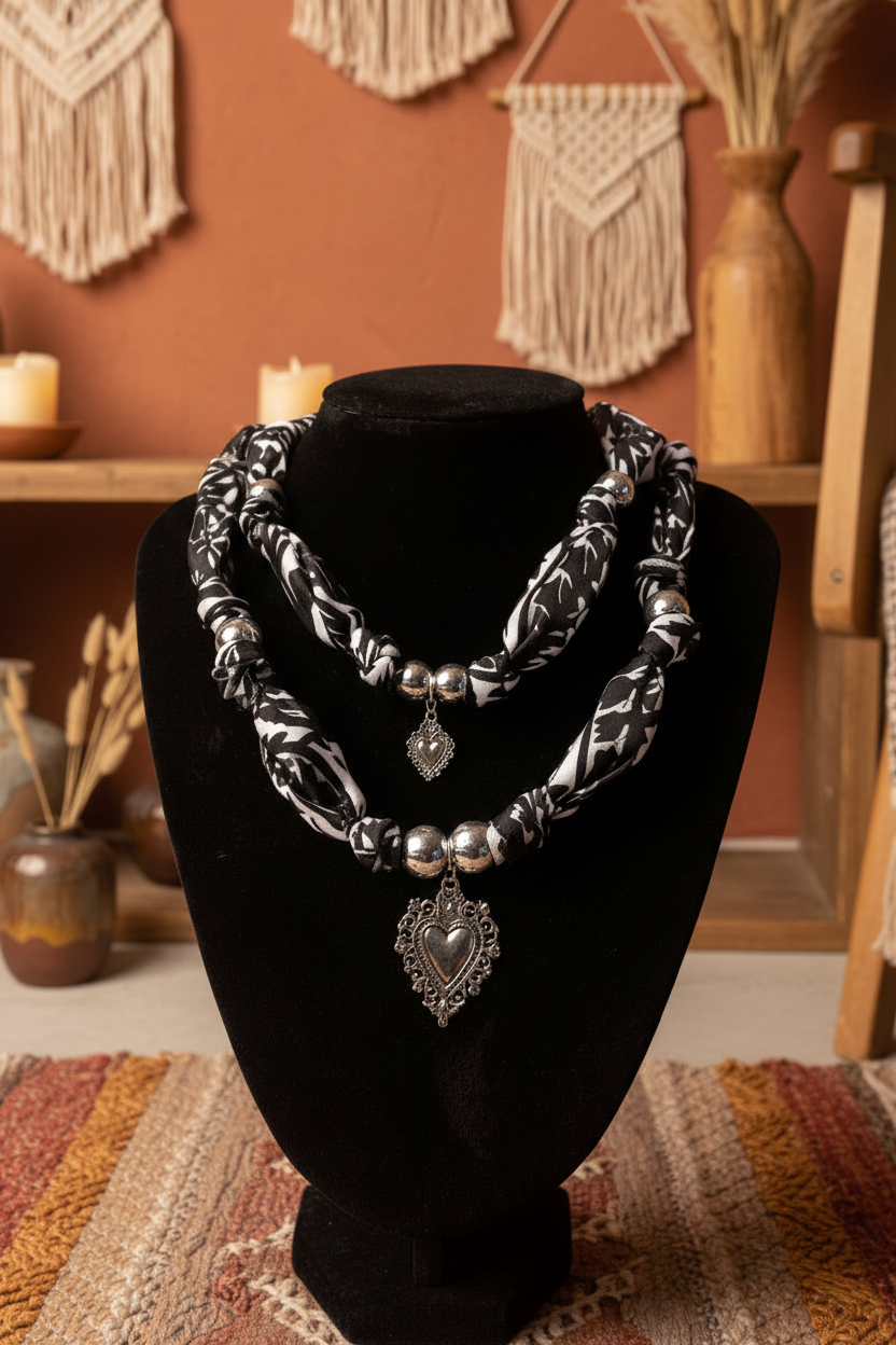 Zoom sur le collier double en tissu noir et blanc avec médaillons cœurs ciselés sur un buste d'exposition noir, ambiance bohème.