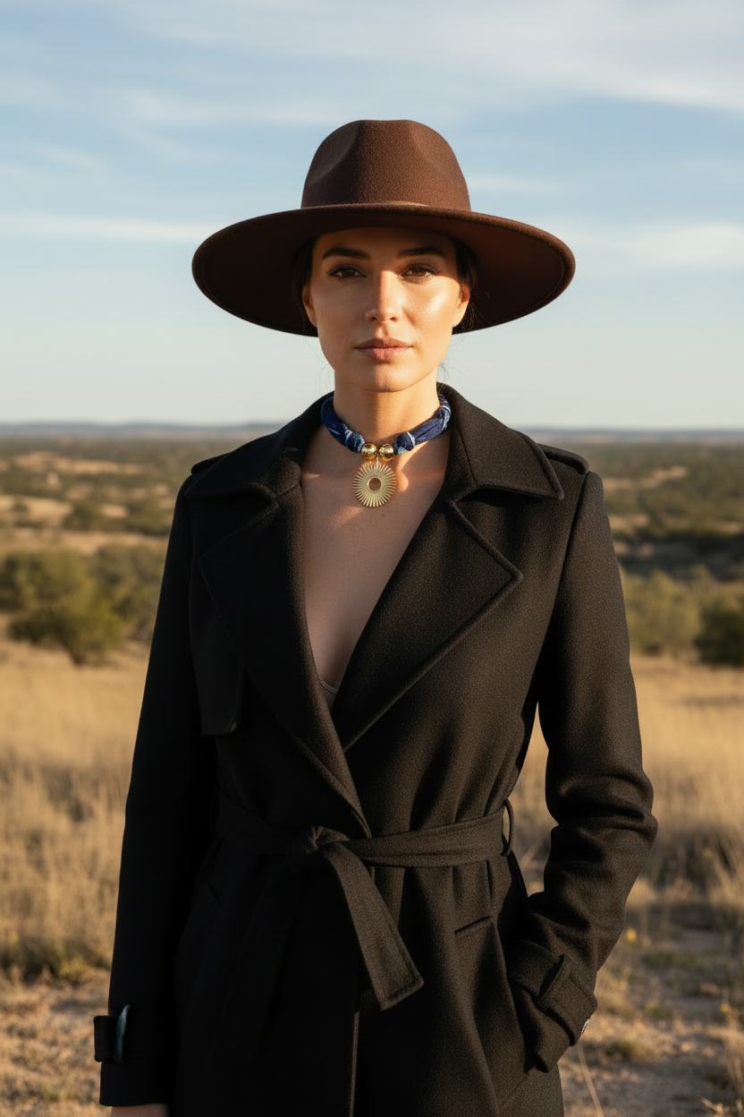 Gros plan sur le collier Mareen "Rayon de Nuit" porté, mettant en valeur le contraste entre le bleu profond du tissu et l'éclat du médaillon doré sur un fond de paysage naturel. Joyas by jo