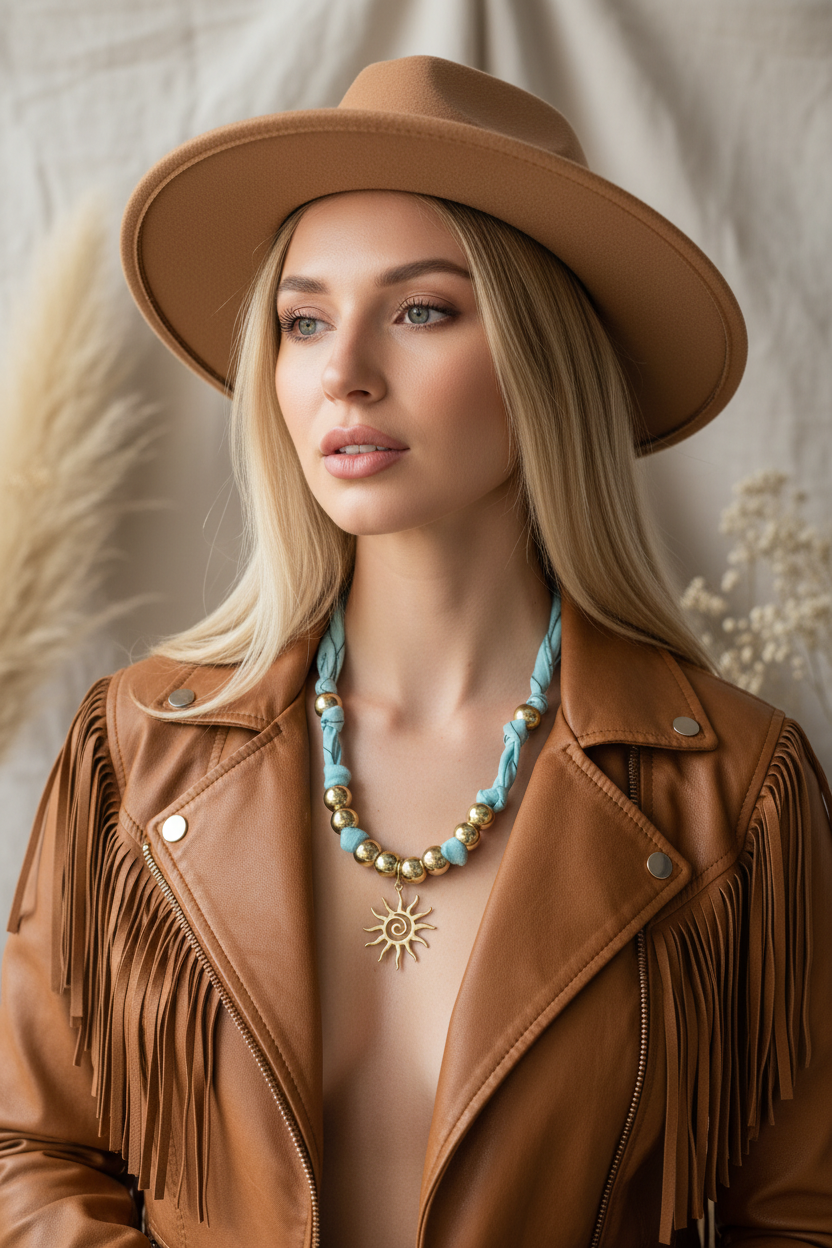 Portrait d'une femme portant le collier bandana Vera "Aura Solaire". Le contraste entre le bleu azur du bijou, sa veste en cuir marron et son chapeau crée un look bohème chic et lumineux. Joyas by jo