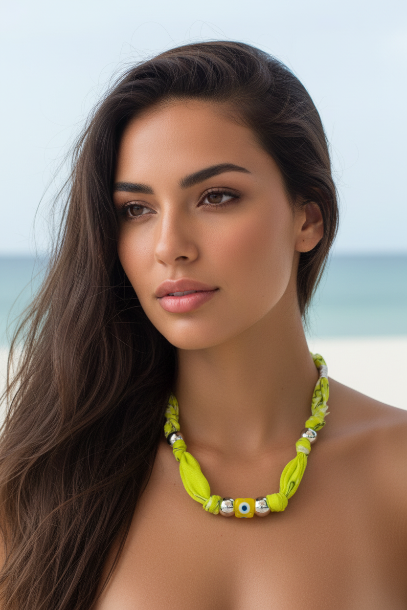 Portrait de face d'une femme portant le collier Aylin "Œil Protecteur Citron". La couleur vive du collier illumine son visage et apporte une touche d'éclat estivale et protectrice à son look de plage. Joyas by jo