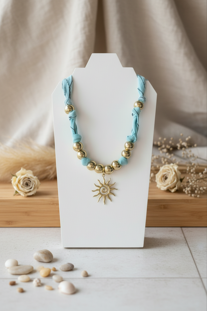 Collier Vera "Aura Solaire" exposé sur un buste blanc. Le bijou se compose d'un cordon en tissu bandana bleu ciel, de perles dorées mates et d'un grand pendentif central en forme de soleil ciselé. Joyas by jo