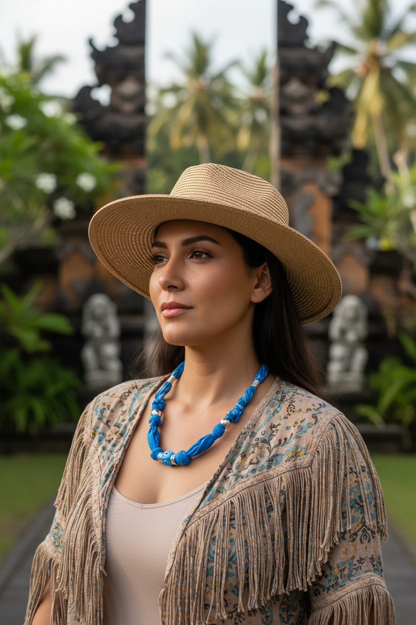 Vue de profil d'une femme portant le collier bleu Antonia "Azur Éternel" en extérieur. Le bijou apporte une touche de couleur intense et une protection symbolique à un look estival élégant. Joyas by jo