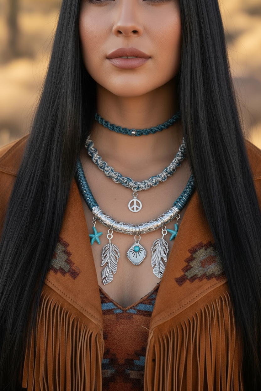 Gros plan d'une femme portant un ensemble de trois colliers bohèmes bleus et argentés avec pendentifs plume et signe peace, associés à une veste en daim marron à franges.