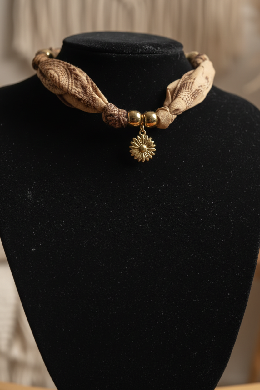 Collier artisanal en textile et or posé sur un mannequin dans un décor composé de macramé et de fleurs séchées.