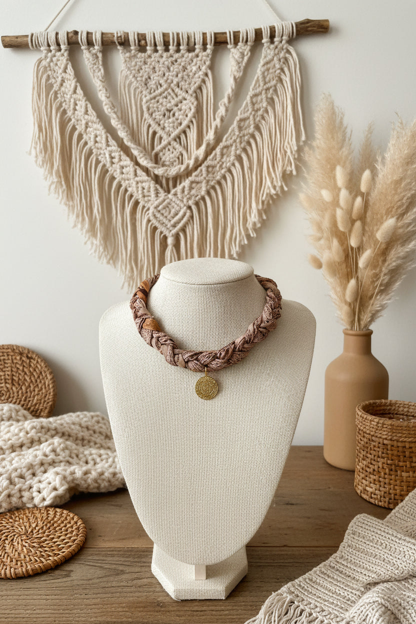 Collier artisanal en textile et or posé sur un mannequin dans un décor composé de macramé et de fleurs séchées.