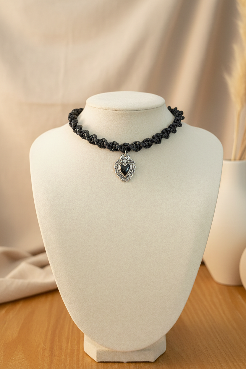 Collier choker en corde tressée noire avec pendentif cœur sacré argenté exposé sur un buste blanc dans un décor bohème avec fleurs séchées.