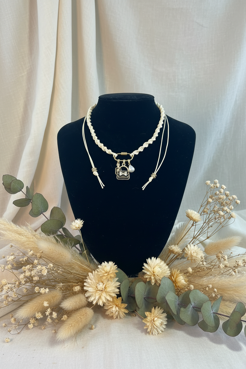 Collier en cordon tressé crème avec pendentif charm sac à main noir et perle blanche sur buste d'exposition noir et fleurs séchées.