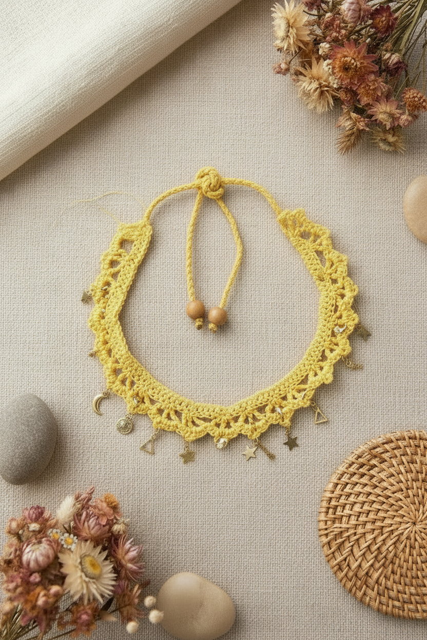 Vue d'ensemble du choker Ife en maille jaune avec ses pampilles dorées et son cordon ajustable.