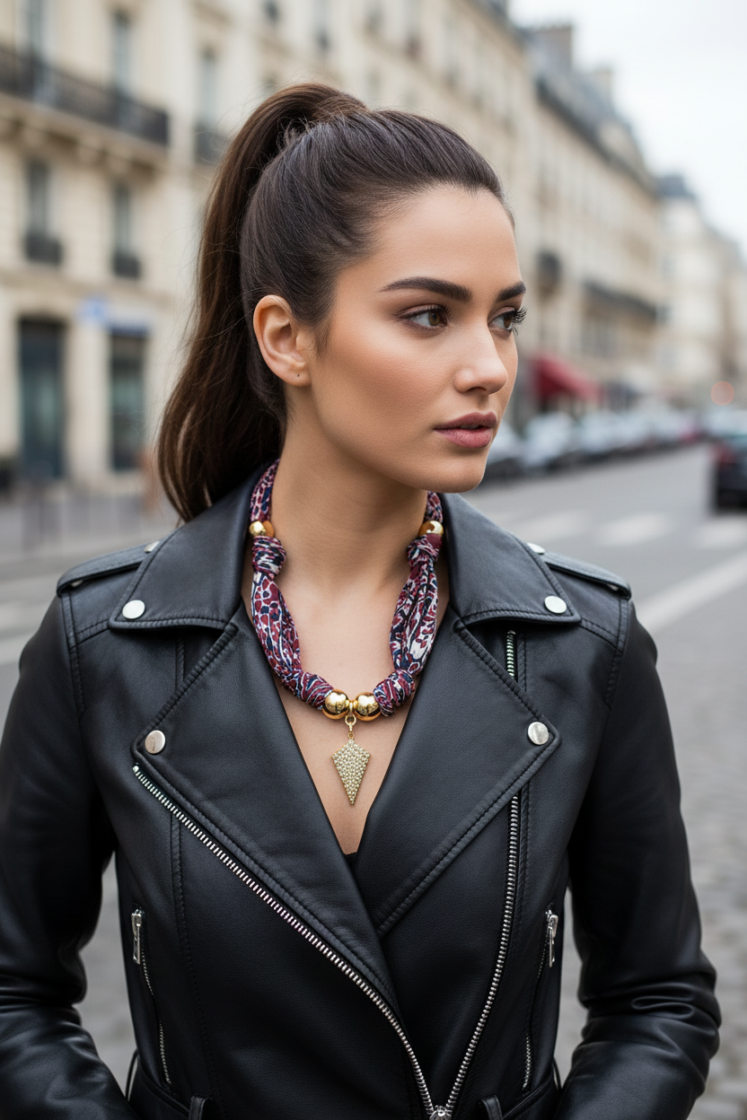 Portrait de profil d'une femme en veste en cuir portant un collier en tissu Joyas by Jo dans une rue de Paris.
