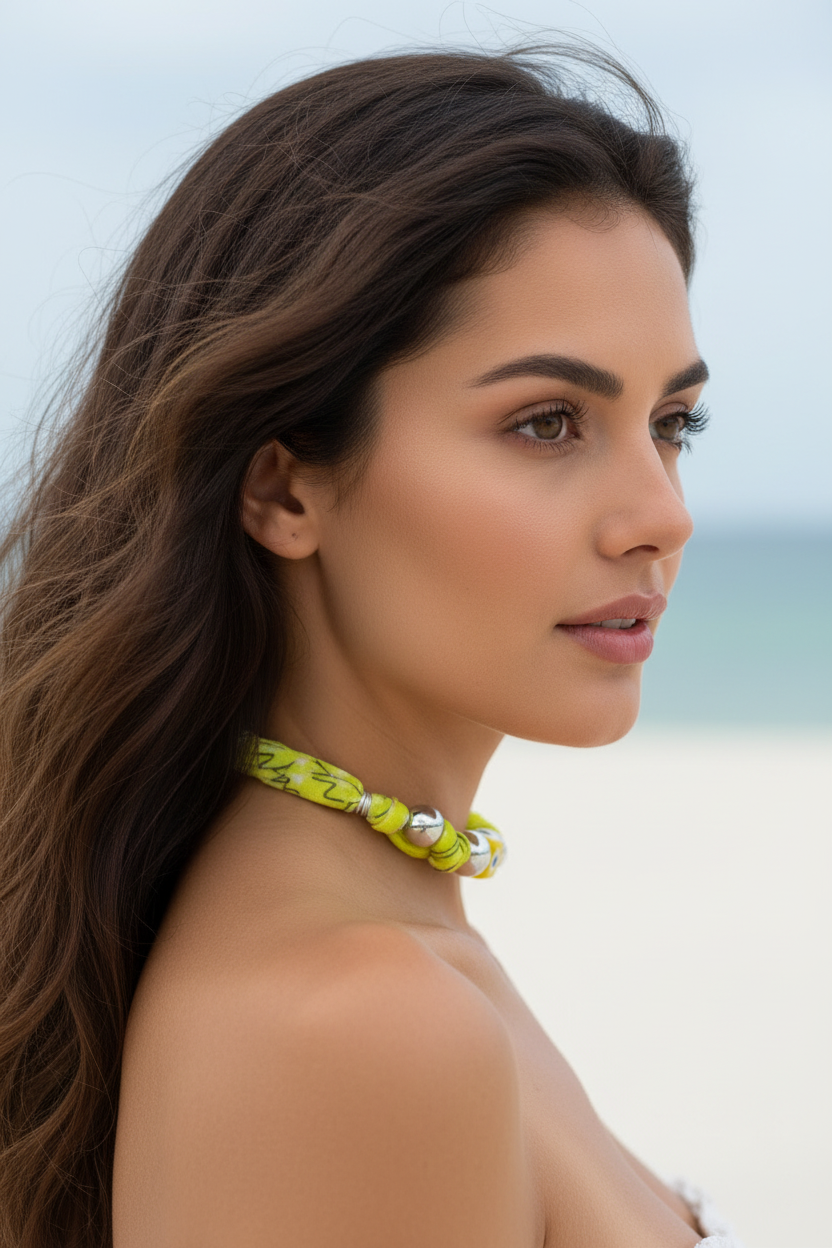 Vue de profil du collier Aylin "Œil Protecteur Citron" porté en bord de mer. On y voit le détail du cordon jaune fluo et l'éclat des perles argentées, soulignant un style bohème moderne et audacieux. Joyas by jo