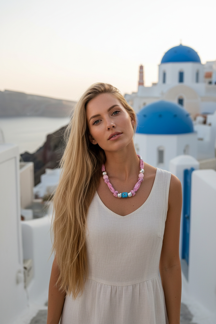 Portrait d'une femme portant le collier Irina "Harmonie Pastel" devant un paysage de Santorin. Le rose délicat du bijou s'harmonise avec sa robe blanche et les dômes bleus en arrière-plan. Joyas by jo