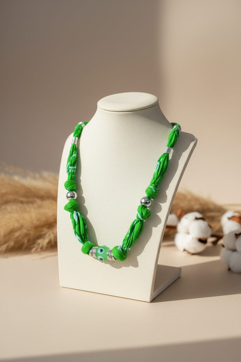 Le collier Karina aux nuances vert émeraude exposé sur un buste de présentation blanc, entouré d'un décor naturel et épuré. Joyas by jo