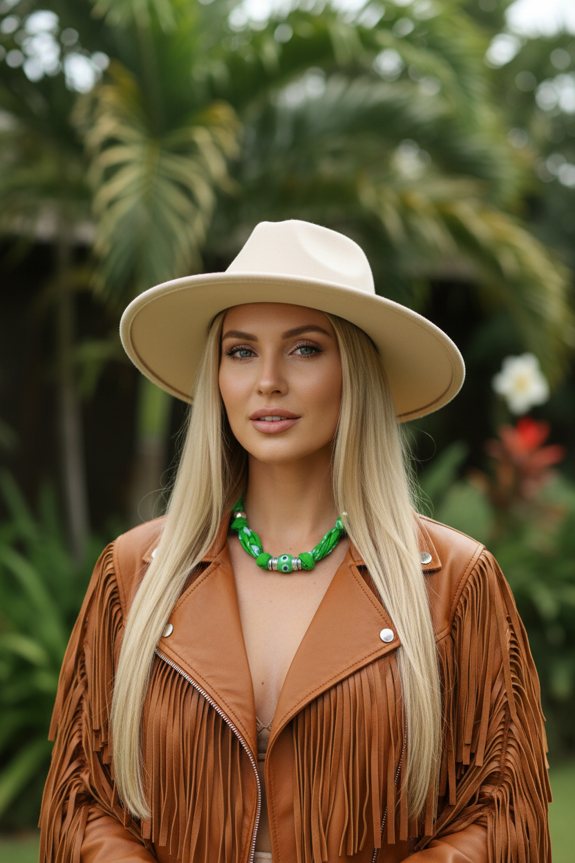 Femme blonde portant un chapeau beige et une veste en cuir marron, mettant en valeur le collier Karina aux perles vert émeraude éclatantes. Joyas by jo
