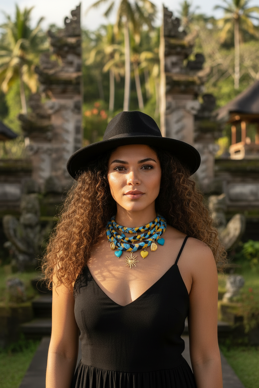 Portrait d'une femme portant le collier multirang Miya "Odyssée Azur". Le bijou coloré complète un look bohème avec un chapeau noir, sur un fond de paysage ensoleillé. Joyas by jo collection 