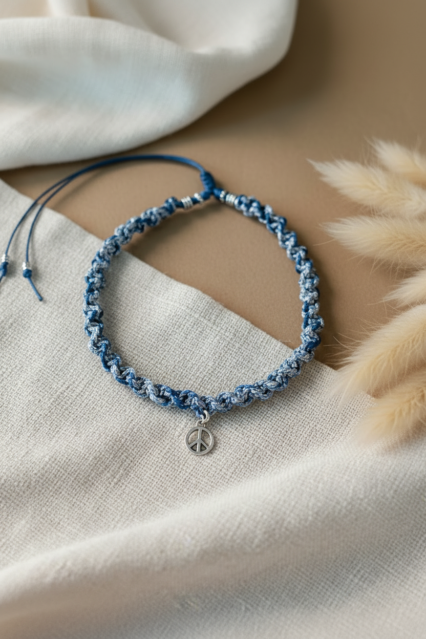 Collier choker en macramé tressé bleu et blanc avec un pendentif symbole peace and love en argent, posé sur un tissu en lin clair.