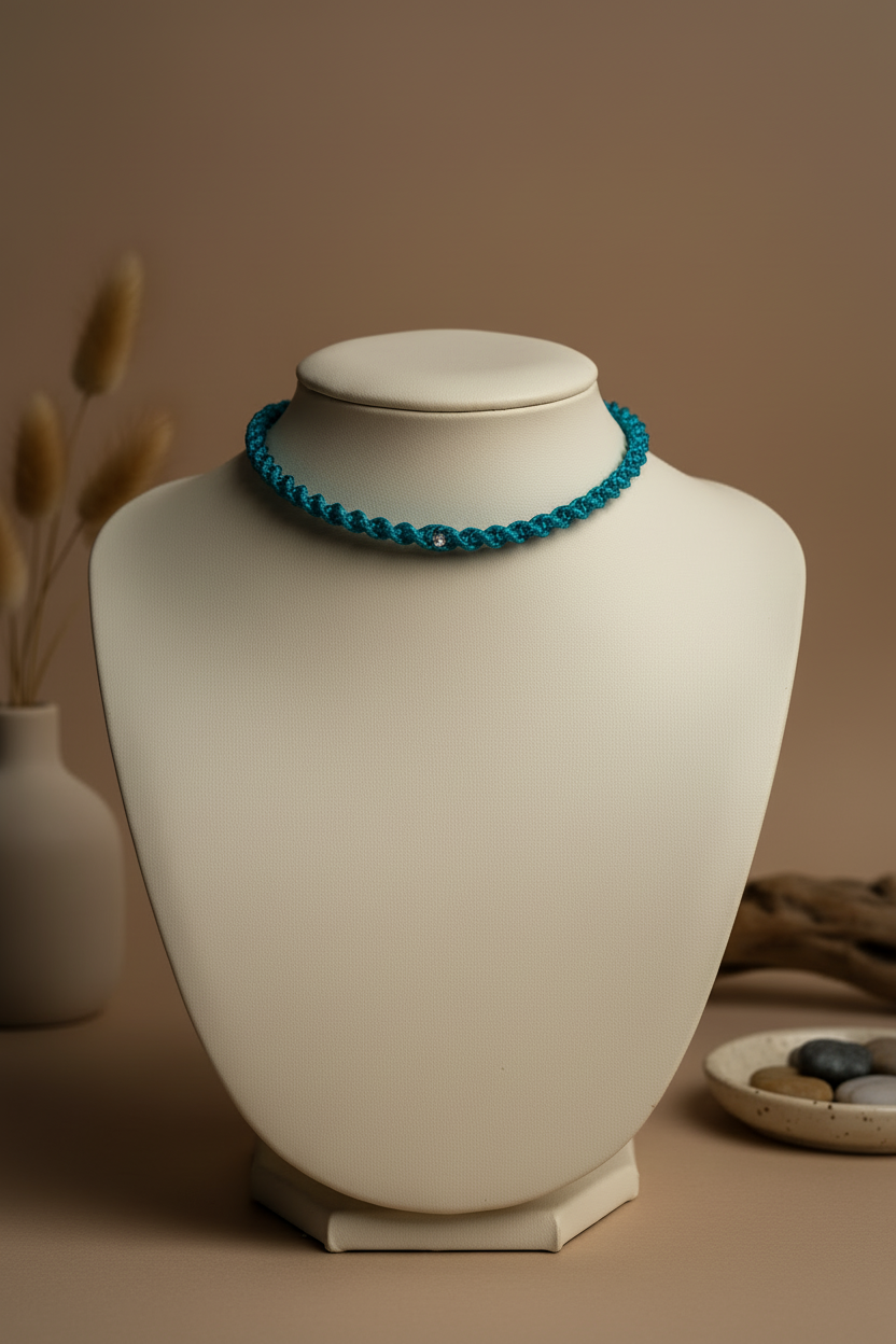 Collier ras de cou en macramé bleu turquoise avec perle centrale présenté sur un buste de bijoux blanc Joyas by Jo.